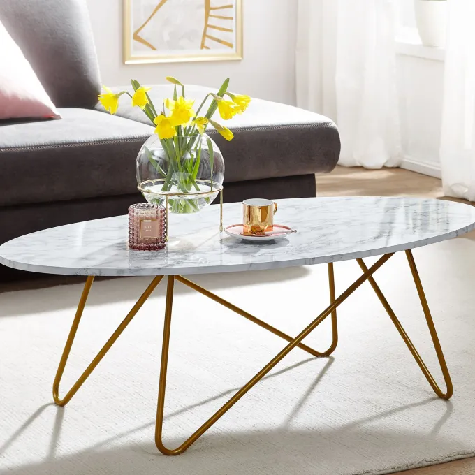 FineBuy Couchtisch Marmor Optik Weiß 120 cm Wohnzimmertisch Oval Tisch Sofatisch