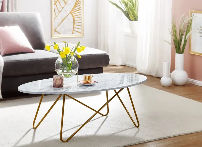 FineBuy Couchtisch Marmor Optik Weiß 120 cm Wohnzimmertisch Oval Tisch Sofatisch