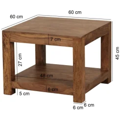 FineBuy Couchtisch Massivholz 60x60 cm mit Ablage Quadratischer Wohnzimmertisch