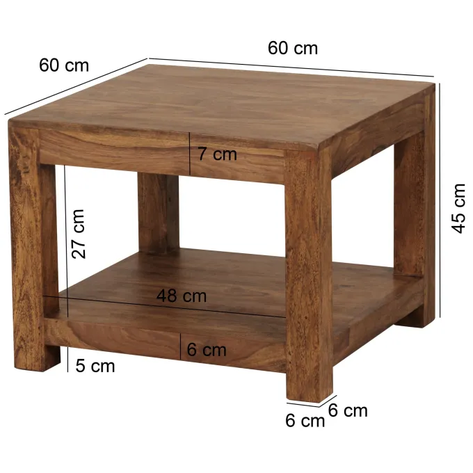 FineBuy Couchtisch Massivholz 60x60 cm mit Ablage Quadratischer Wohnzimmertisch