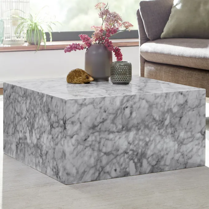 FineBuy Couchtisch MONOBLOC Weiß Marmor Optik 60 cm Wohnzimmertisch Sofatisch