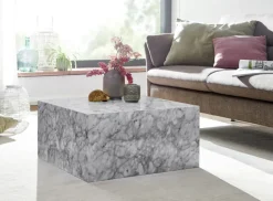 FineBuy Couchtisch MONOBLOC Weiß Marmor Optik 60 cm Wohnzimmertisch Sofatisch