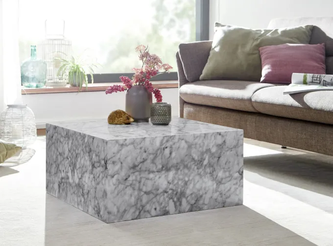 FineBuy Couchtisch MONOBLOC Weiß Marmor Optik 60 cm Wohnzimmertisch Sofatisch