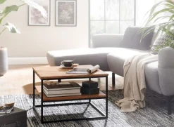 FineBuy Couchtisch quadratisch 60cm Akazie Massivholz Wohnzimmertisch 2 Ablagen