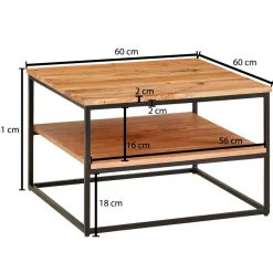FineBuy Couchtisch quadratisch 60cm Akazie Massivholz Wohnzimmertisch 2 Ablagen