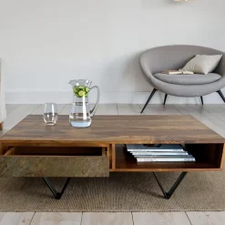 FineBuy Couchtisch rechteckig 115cm Sheesham Massivholz Wohnzimmertisch 2 Schübe