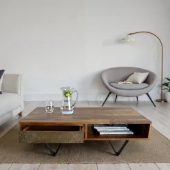 FineBuy Couchtisch rechteckig 115cm Sheesham Massivholz Wohnzimmertisch 2 Schübe