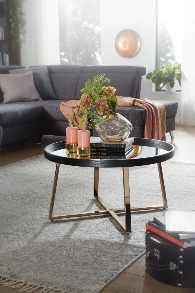 FineBuy Couchtisch Rund Gold Wohnzimmertisch Spiegel Glas Beistelltisch Schwarz