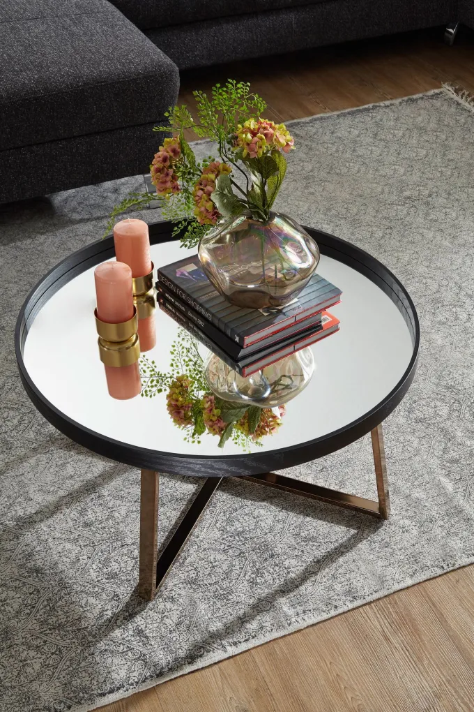 FineBuy Couchtisch Rund Gold Wohnzimmertisch Spiegel Glas Beistelltisch Schwarz