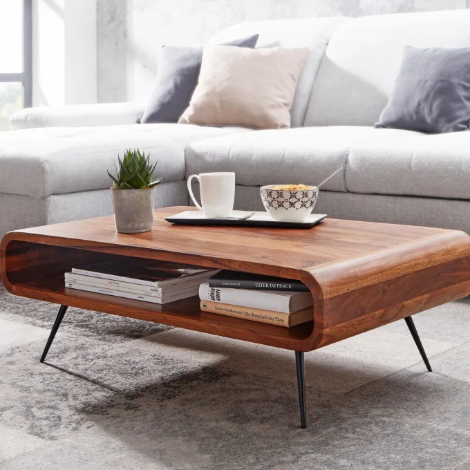 FineBuy Couchtisch Sheesham Massivholz 90cm Retro Design Ablage Wohnzimmertisch
