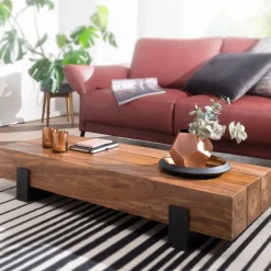 FineBuy Couchtisch Sheesham Massivholz rechteckig 115cm Block Wohnzimmertisch
