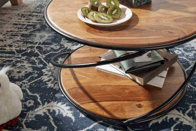 FineBuy Couchtisch Sheesham Massivholz rund Ø 58 cm Wohnzimmertisch Holz Metall