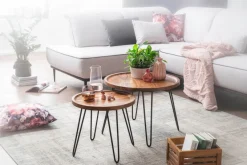 FineBuy Couchtisch Sheesham rund Ø 60 cm Wohnzimmertisch Massivholz Metallbeine