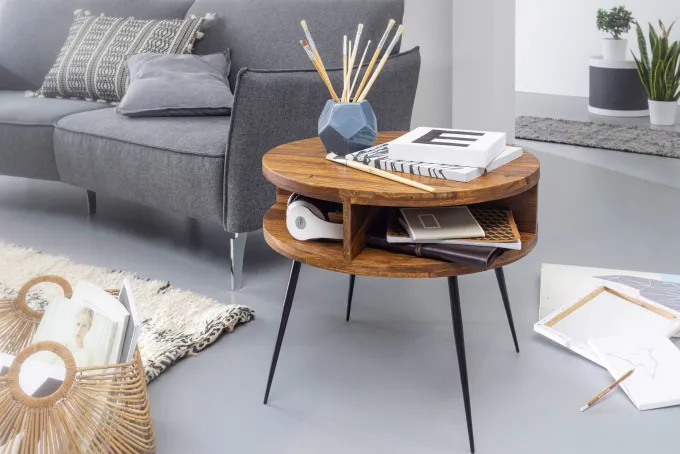 FineBuy Couchtisch Sheesham Massivholz rund Ø 60 cm Wohnzimmertisch Ablage