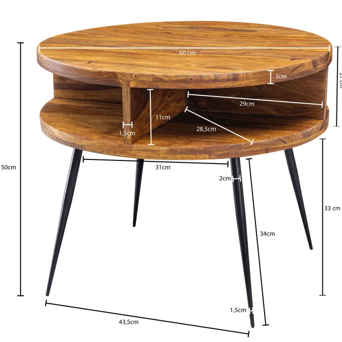 FineBuy Couchtisch Sheesham Massivholz rund Ø 60 cm Wohnzimmertisch Ablage