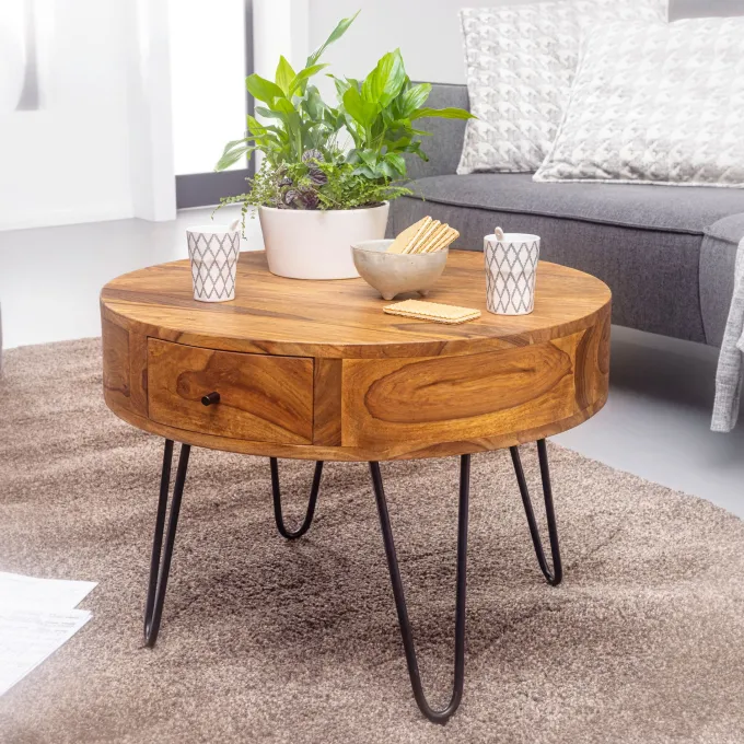 FineBuy Couchtisch Sheesham Massivholz rund Ø 60 cm Wohnzimmertisch Schublade