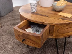 FineBuy Couchtisch Sheesham Massivholz rund Ø 60 cm Wohnzimmertisch Schublade
