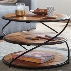 FineBuy Couchtisch Sheesham Massivholz Ø58 cm Ablagen Industrial Wohnzimmertisch