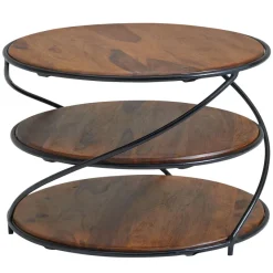 FineBuy Couchtisch Sheesham Massivholz Ø58 cm Ablagen Industrial Wohnzimmertisch