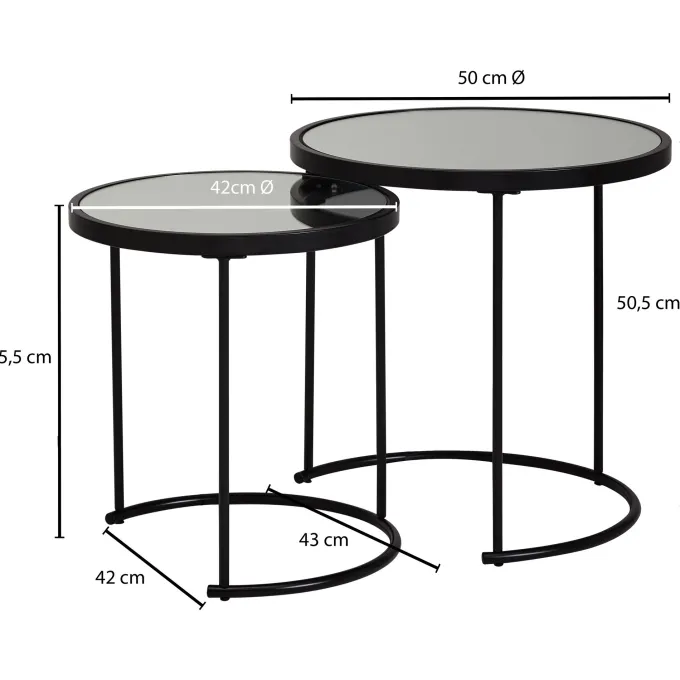 FineBuy Couchtisch 2tlg Rund Schwarz Spiegel Glas Wohnzimmertisch Beistelltisch