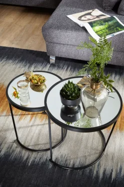 FineBuy Couchtisch 2tlg Rund Schwarz Spiegel Glas Wohnzimmertisch Beistelltisch