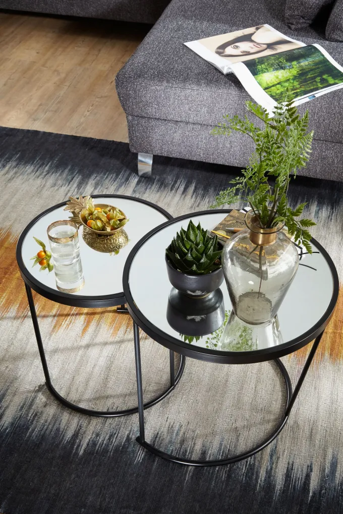 FineBuy Couchtisch 2tlg Rund Schwarz Spiegel Glas Wohnzimmertisch Beistelltisch