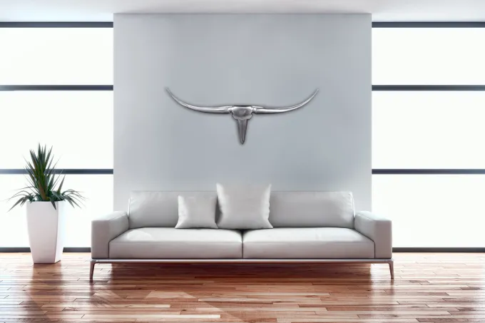 FineBuy Deko Geweih Bull M Aluminium Design Hörner 100cm Wanddekoration Silber