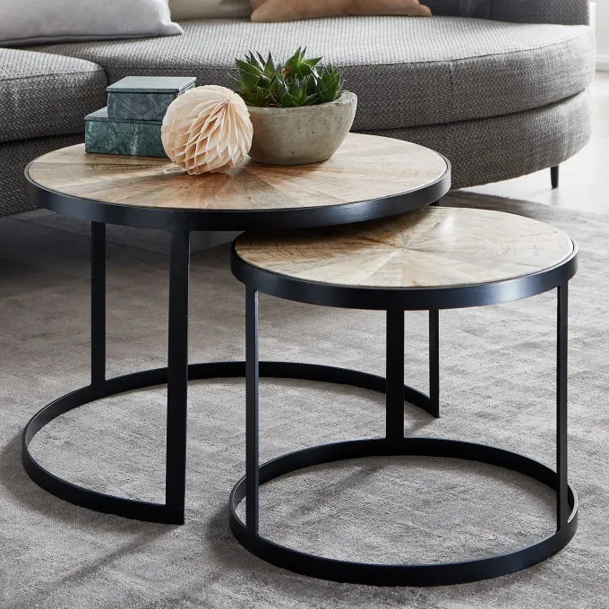 FineBuy Design Couchtisch Massivholz Wohnzimmertisch 2 teilig Rund Sofatisch