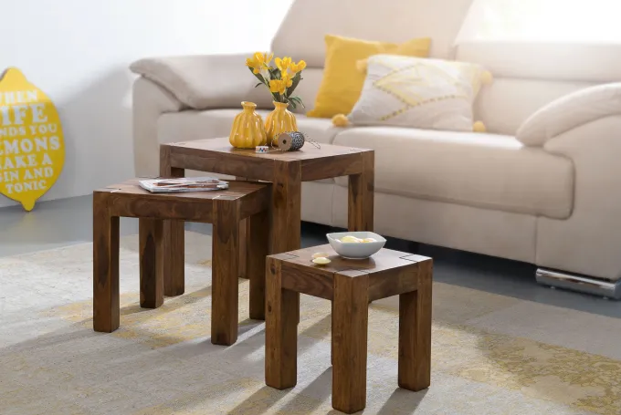 FineBuy Design Sheesham 3-teiliger Satz Beistell Tisch Massivholz Couchtisch