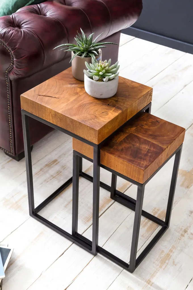 FineBuy 2er Set Beistelltisch FB51457 Sheesham Holz Metall Tisch Couchtisch