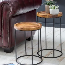 FineBuy 2er Set Beistelltische FB51458 Sheesham Holz Metall Tisch Couchtisch