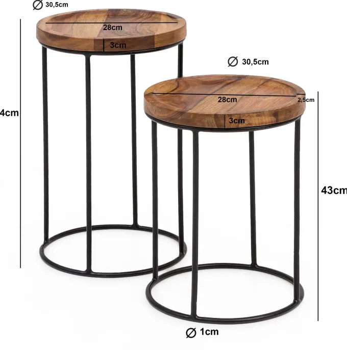 FineBuy 2er Set Beistelltische FB51458 Sheesham Holz Metall Tisch Couchtisch