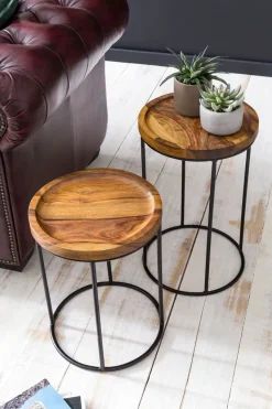 FineBuy 2er Set Beistelltische FB51458 Sheesham Holz Metall Tisch Couchtisch