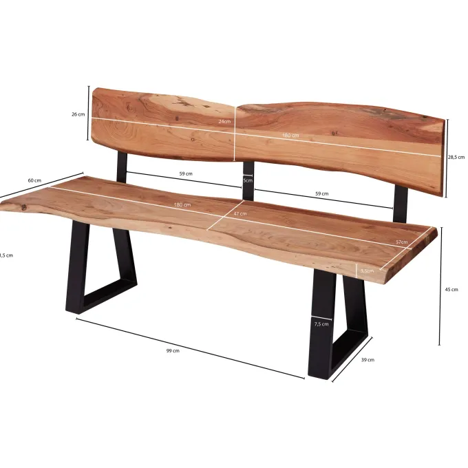 FineBuy Esszimmerbank TREE 180cm Essbank mit Lehne Baumkante Sitzbank Bank Holz