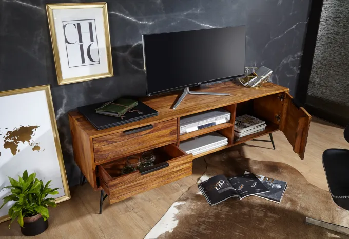 FineBuy Lowboard Sheesham Massiv Holz Hifi Board Fernsehschrank Wohnzimmer