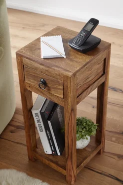 FineBuy Massivholz Beistelltisch Telefontisch 30 x 30 x 68 cm mit Schublade