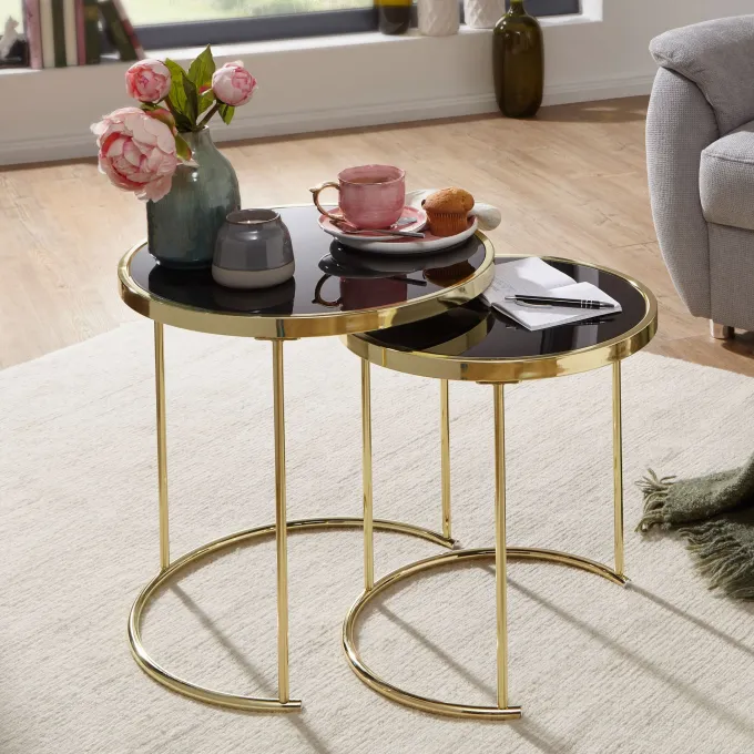 FineBuy Satztisch COMO schwarz/Gold Beistelltisch Metall/Glas Couchtisch 2er Set