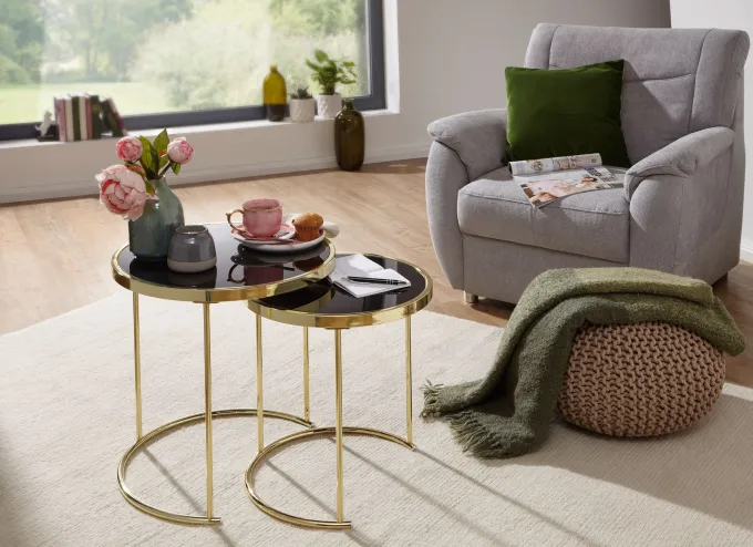 FineBuy Satztisch COMO schwarz/Gold Beistelltisch Metall/Glas Couchtisch 2er Set