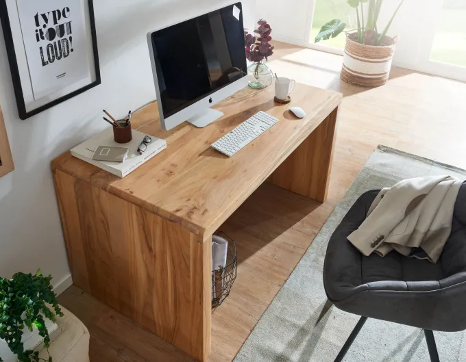 FineBuy Schreibtisch 160 x 80 x 76 cm Akazie Massiv Bürotisch Büromöbel