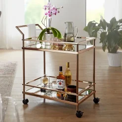 FineBuy Servierwagen Gold Beistelltisch Rollen Küchen- Speisewagen Glas Teewagen