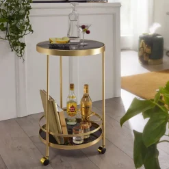 FineBuy Servierwagen Gold Beistelltisch auf Rollen Glas Speisewagen Rund Ø 45 cm