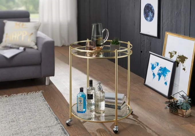 FineBuy Servierwagen Gold Ø 57cm Beistelltisch Teewagen Rollen Küchenwagen