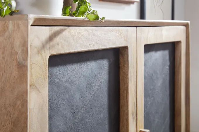 FineBuy Sideboard 80x75x35cm Holz Massiv Stein Kommode Anrichte mit Türen Modern
