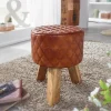 FineBuy Sitzhocker Echtleder 35x46x35 cm Fußhocker Rund Lederhocker Massivholz