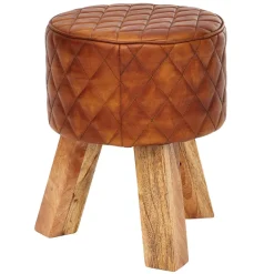 FineBuy Sitzhocker Echtleder 35x46x35 cm Fußhocker Rund Lederhocker Massivholz