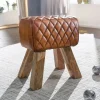 FineBuy Sitzhocker Echtleder 40x48x27 cm Fußhocker Lederhocker Massivholz Braun