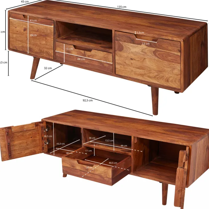 FineBuy TV Lowboard Holz Fernsehkommode Massiv Landhaus Fernsehschrank TV Bank