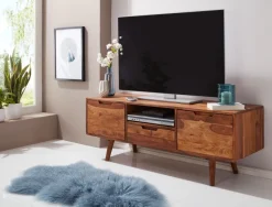 FineBuy TV Lowboard Holz Fernsehkommode Massiv Landhaus Fernsehschrank TV Bank