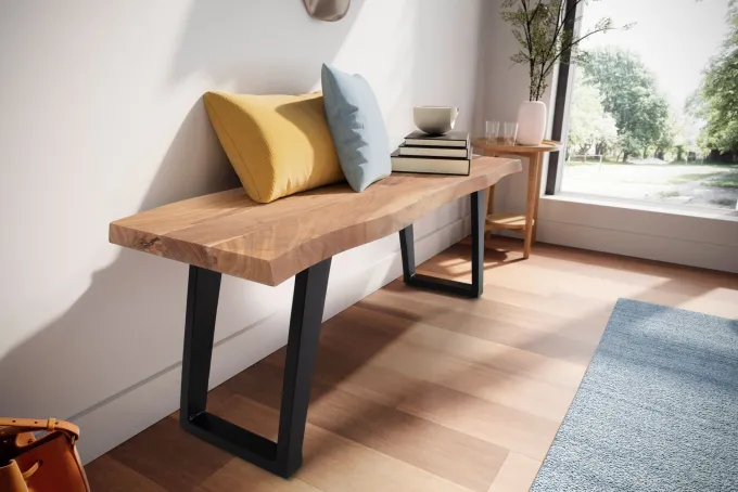 Garderobenbank FineBuy Sitzbank Akazie Massivholz 120 cm Baumkante Flurbank