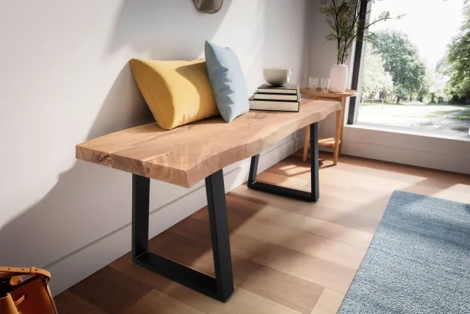 Garderobenbank FineBuy Sitzbank Akazie Massivholz 120 cm Baumkante Flurbank